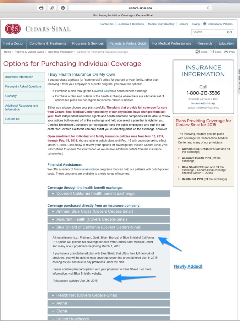 Screenshot of cedars-sinai.edu taken on1/29/15