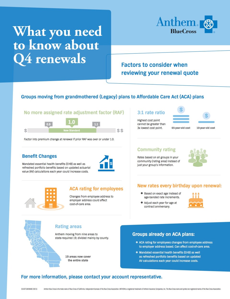 Why are small group health insurance rates increasing, and what is the difference between the way that the new "Obamacare"/ACA/Affordable Care Act plans are rated vs the way they were rated previously. The explanation is: 1. No more "discounts" (previously known as a "RAF"). 2. In many cases, the new ACA plans have better or increased benefits that are mandated by law. The new plans cover more. 3. New regulations regarding how plans charge consumers, designed to spread the cost more equally among the population, so that there are fewer instances of some people paying very little and some people paying extraordinarily high rates. This benefits people who are sicker and older, or who live in areas where hospitals and doctors charge more, and it hurts people who are young, healthy, or live in areas where healthcare costs are very competitive.